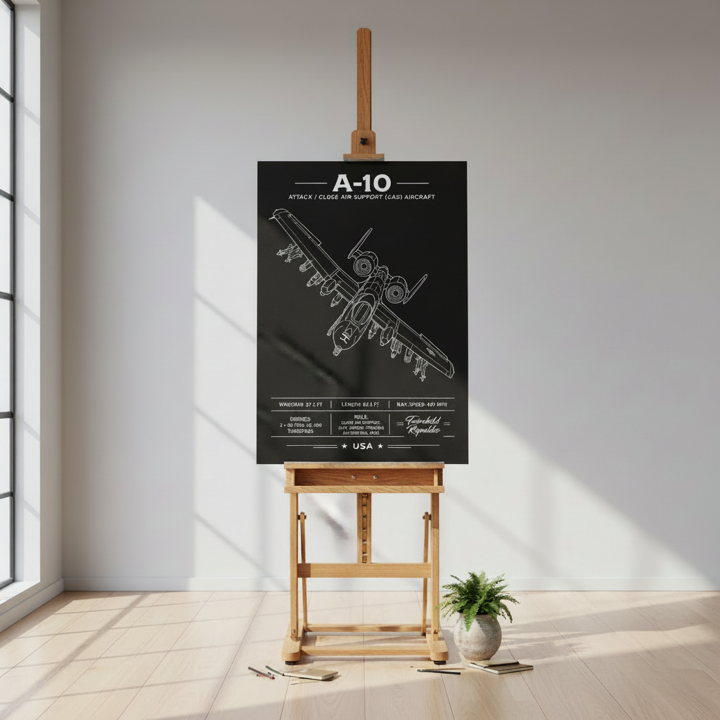 A-10 diagonal top-view white line blueprint poster on black with specs, Fairchild Republic label, and USA footer.