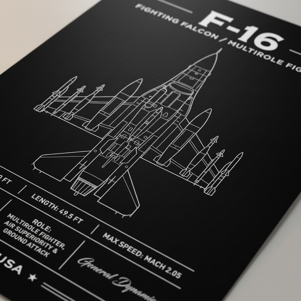 F-16 Fighting Falcon top-down schematic poster with loadout line art and printed specs.
