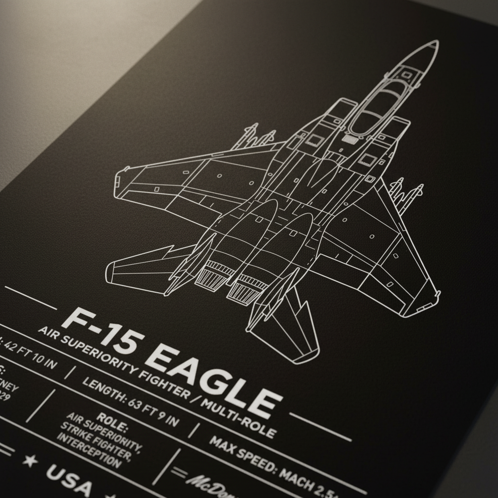 Precision-crafted F-15 Eagle top-down line-art poster with printed specs and McDonnell Douglas credit. Premium aviation wall art.