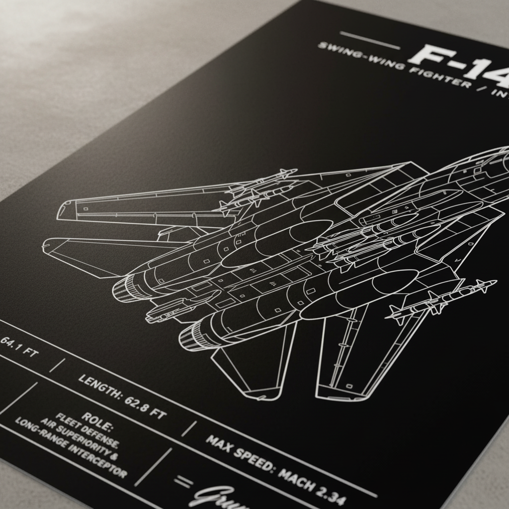 Iconic F-14 Top-Down Line-Art Schematic | Aviation Print