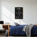 F-18 blueprint-style aviation art print featuring a top-down line drawing and full specs on a black background.