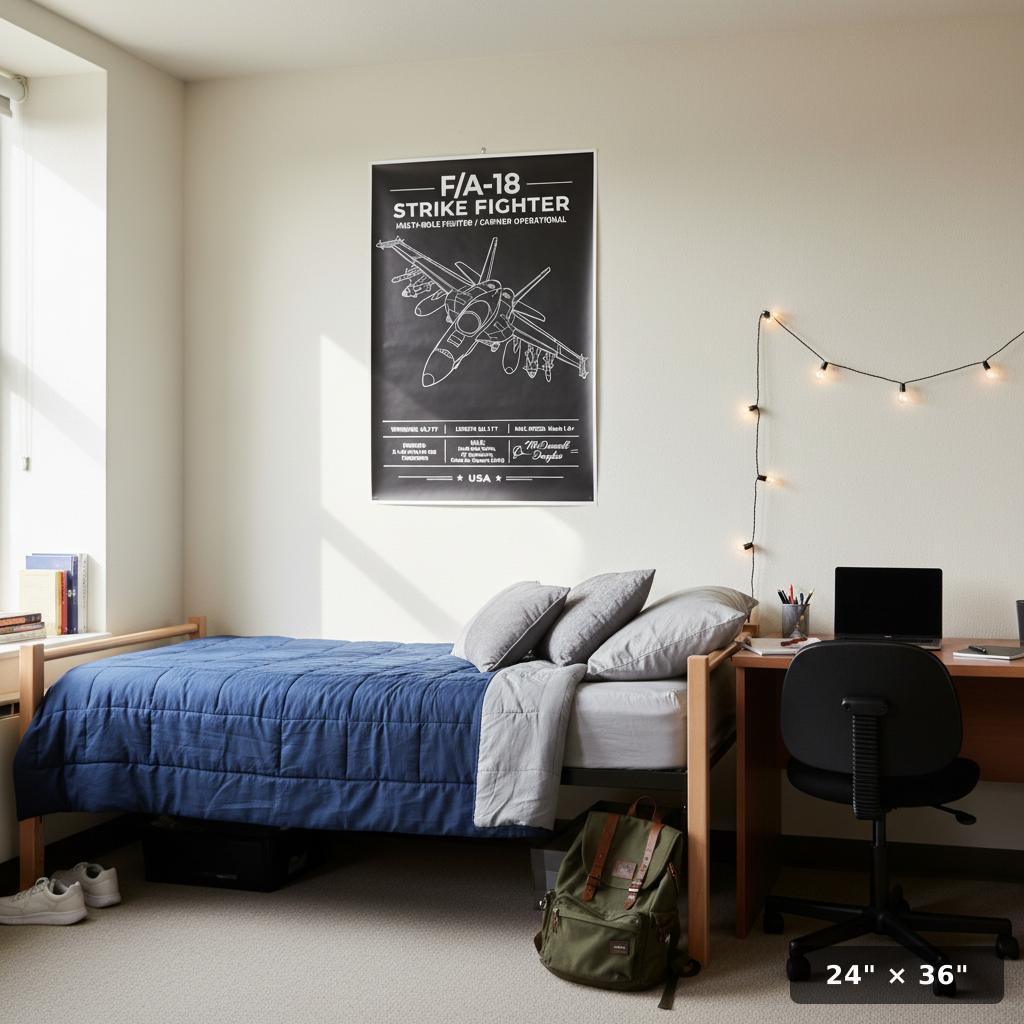 Jaw-dropping F/A-18 Strike Fighter aviation wall art with bold schematic linework and specs. A must-have poster
