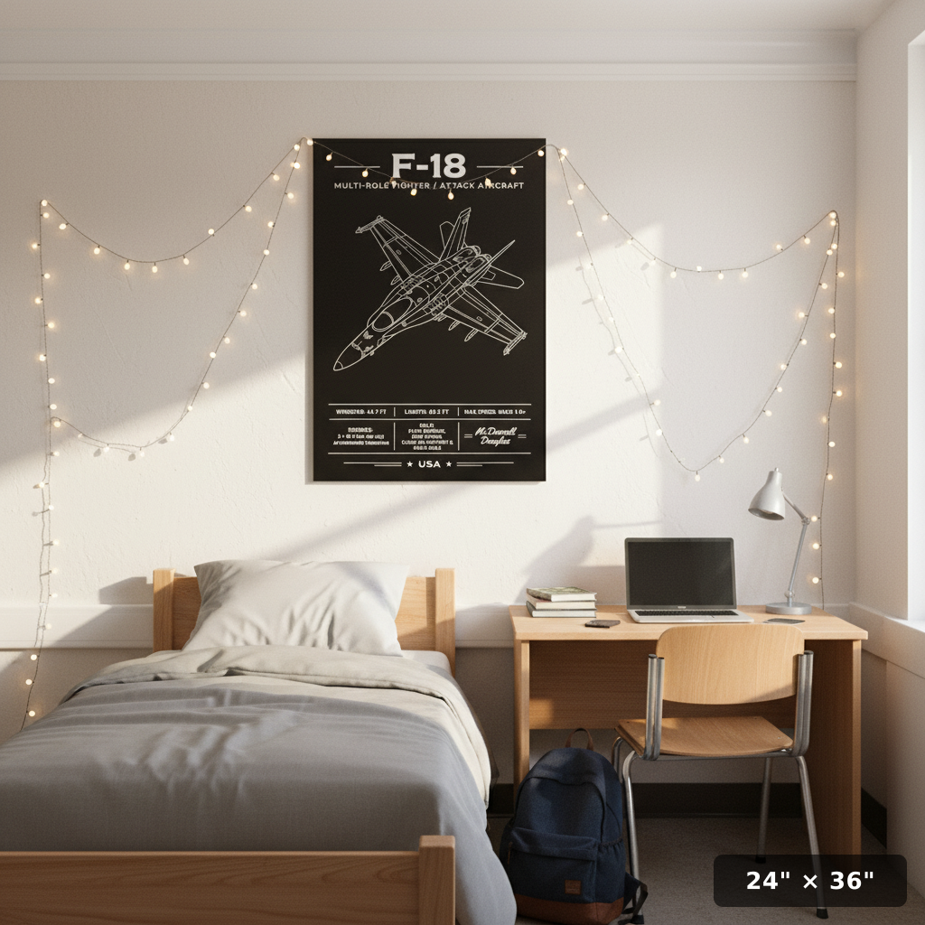 F-18 blueprint-style aviation art print featuring a top-down line drawing and full specs on a black background.