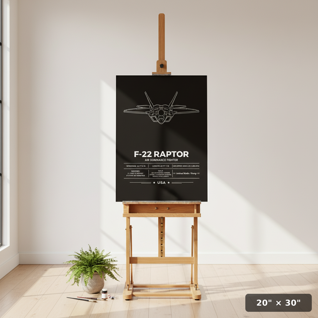 Minimalist head-on F-22 Raptor poster with bold white line art and printed specs.