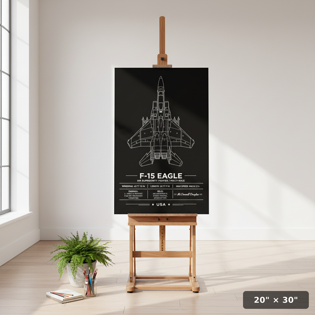 Precision-crafted F-15 Eagle top-down line-art poster with printed specs and McDonnell Douglas credit. Premium aviation wall art.