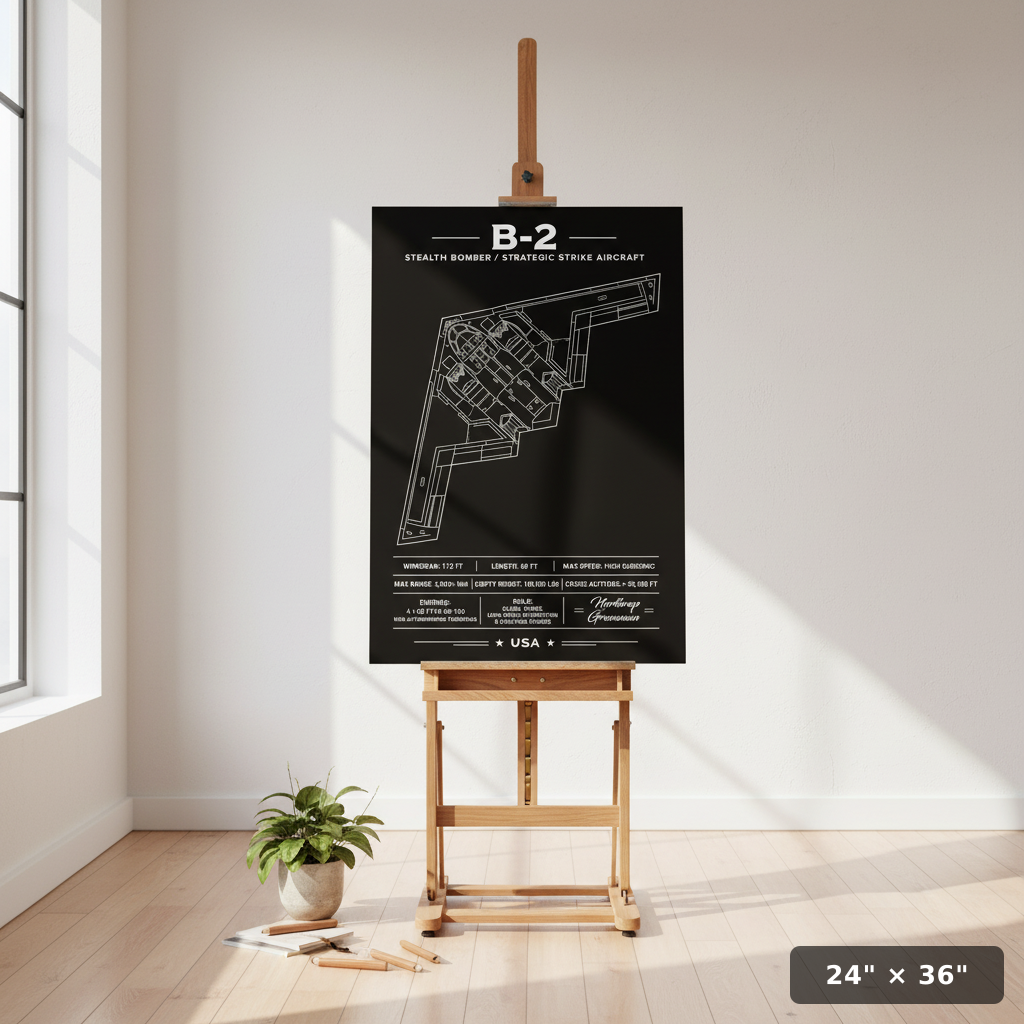 Black and white architectural drawing of a B-2 stealth bomber on an easel in a room with a plant and wooden floor.