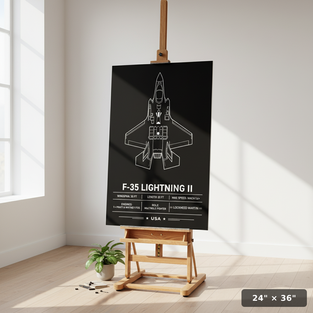Iconic F-35 Lightning II Top-Down Line Art Poster Print