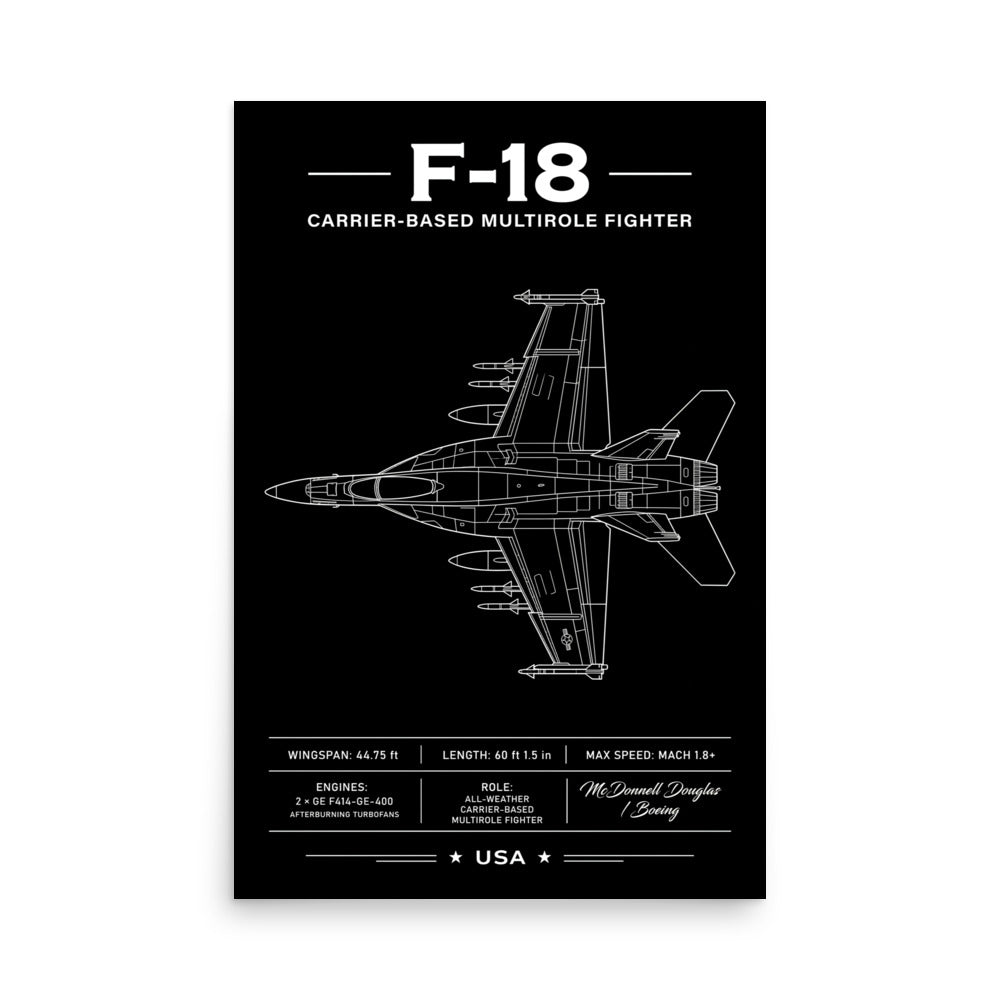 F-18 fighter jet blueprint on a black background
