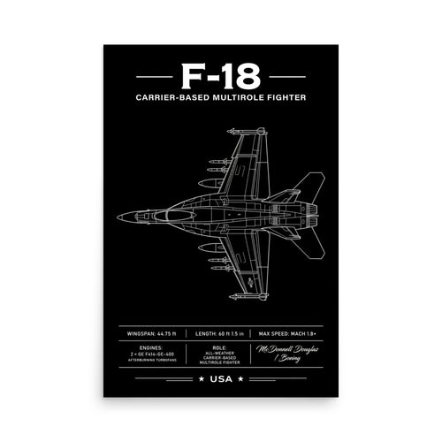 F-18 fighter jet blueprint on a black background