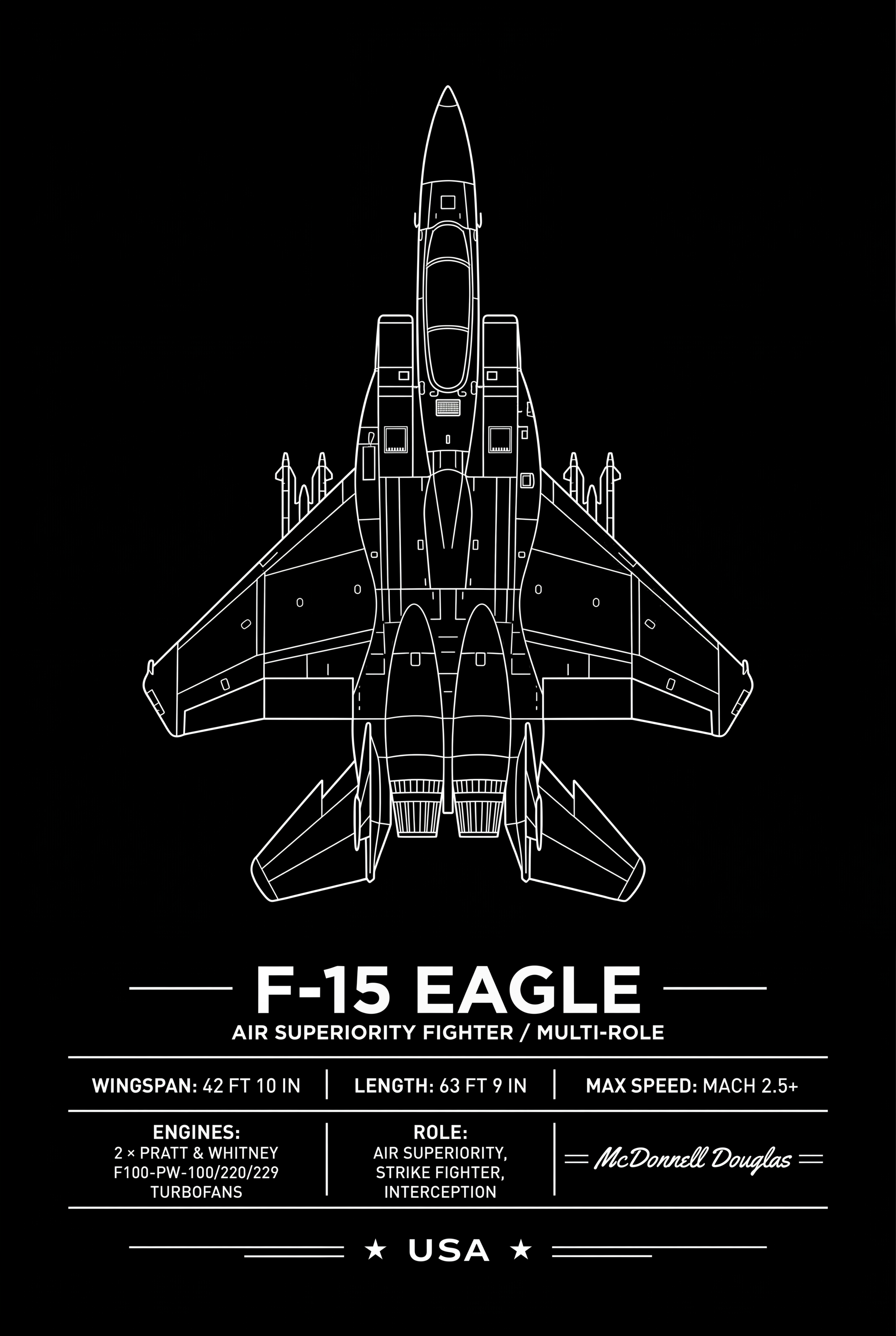 Precision-crafted F-15 Eagle top-down line-art poster with printed specs and McDonnell Douglas credit. Premium aviation wall art.