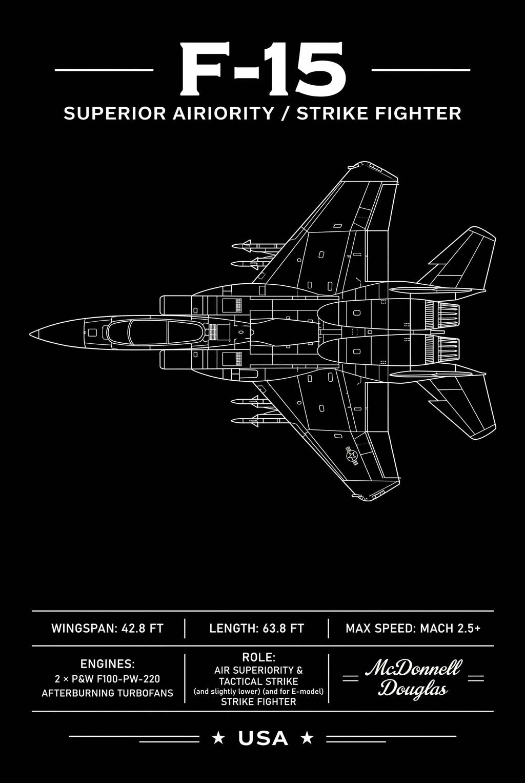 F-15 Eagle Top-Down Schematic Poster Print | McDonnell Douglas