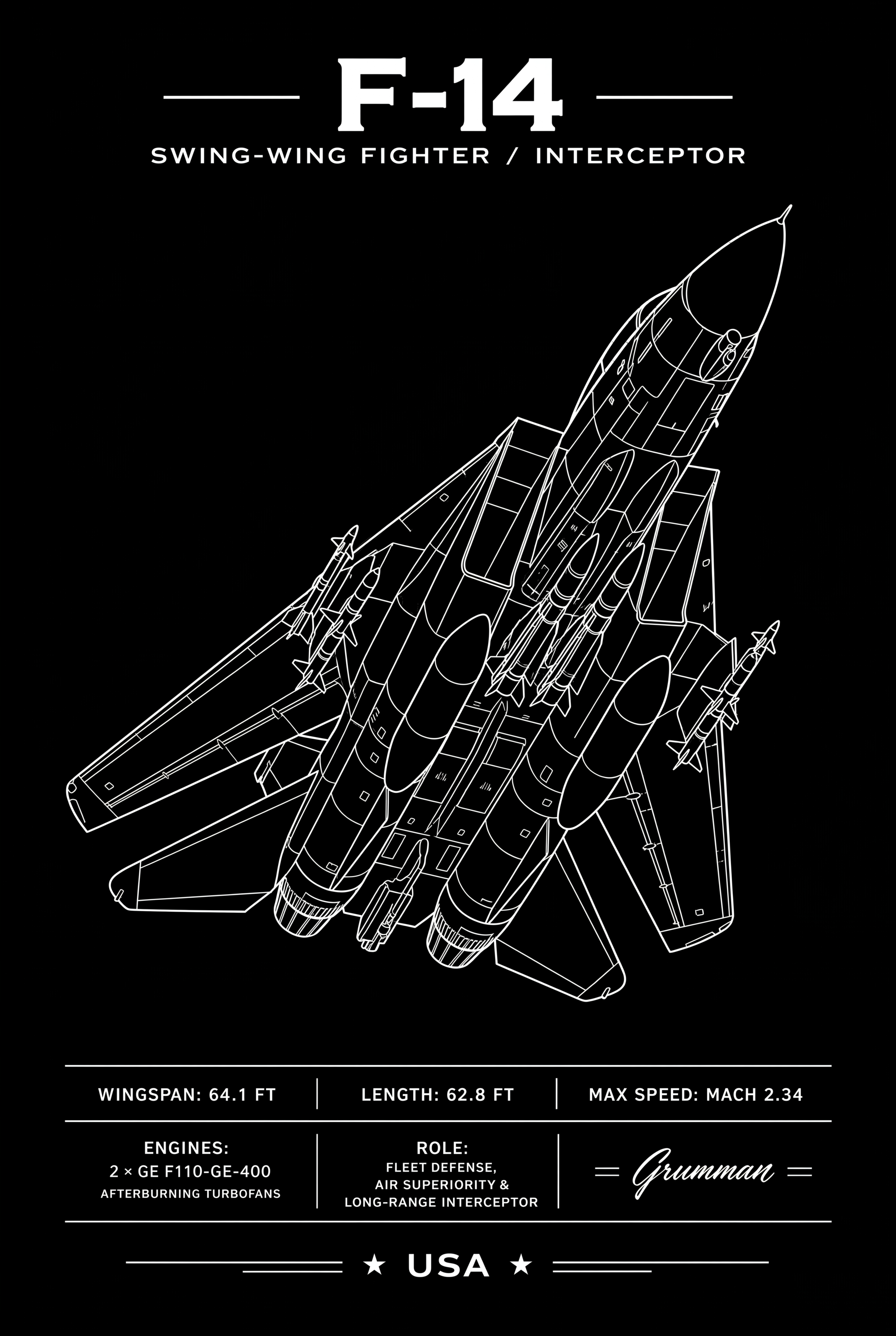 Iconic F-14 Top-Down Line-Art Schematic | Aviation Print