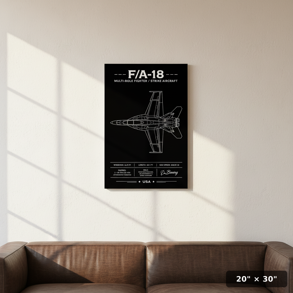 Stunning F/A-18 aviation art print with crisp blueprint linework and bold specs, an epic must-have wall poster for jet lovers