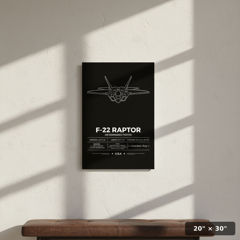 Minimalist head-on F-22 Raptor poster with bold white line art and printed specs.
