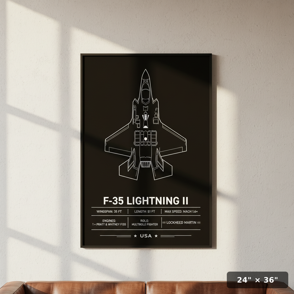 Iconic F-35 Lightning II Top-Down Line Art Poster Print