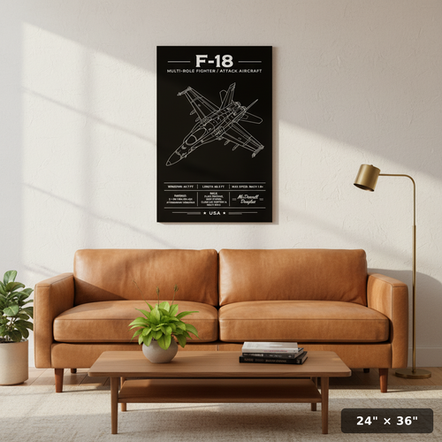 F-18 blueprint-style aviation art print featuring a top-down line drawing and full specs on a black background.