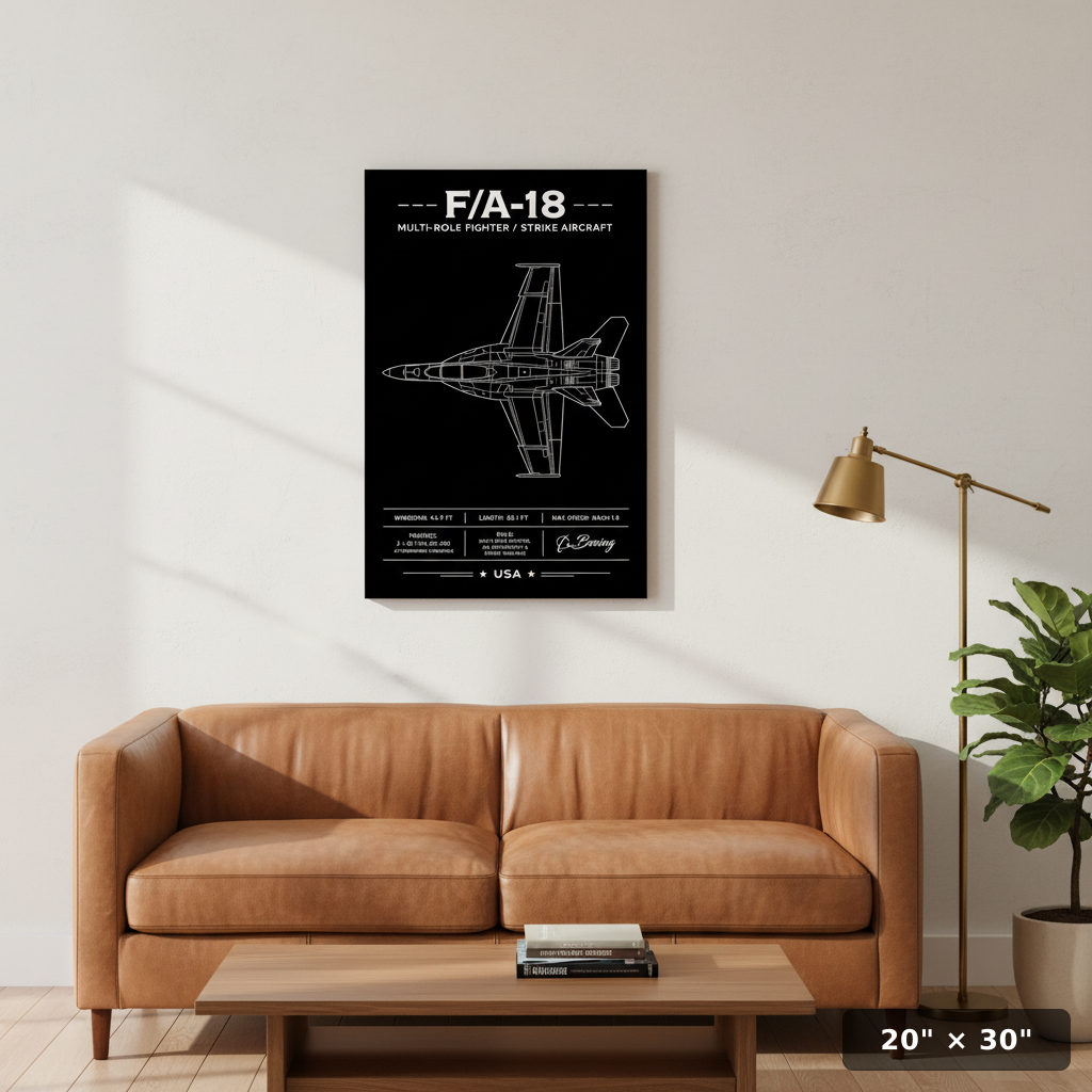 Stunning F/A-18 aviation art print with crisp blueprint linework and bold specs, an epic must-have wall poster for jet lovers