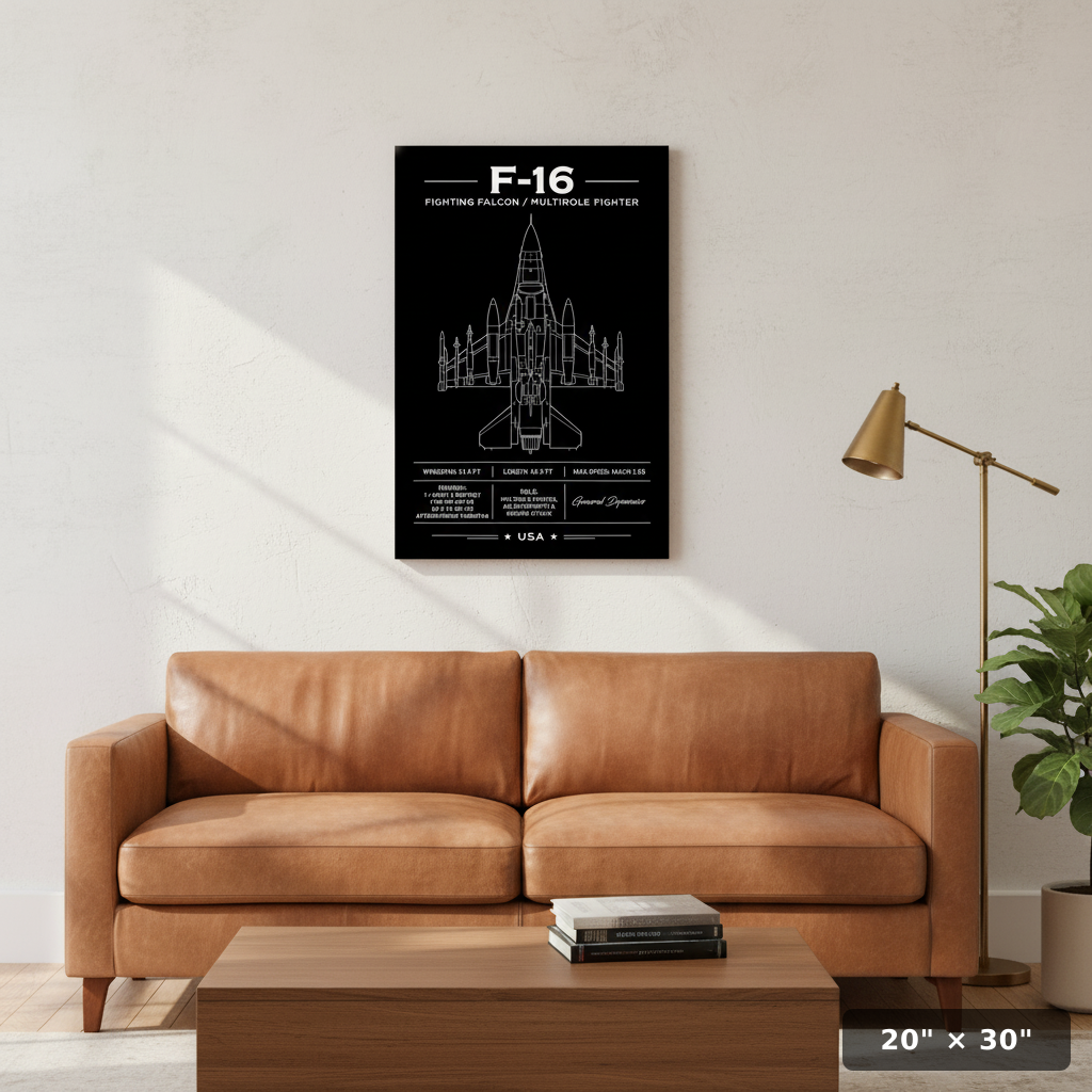 F-16 Fighting Falcon top-down schematic poster with loadout line art and printed specs.