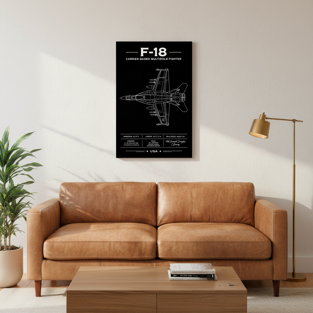 F-18 fighter jet blueprint poster on a wall above a brown sofa in a living room.