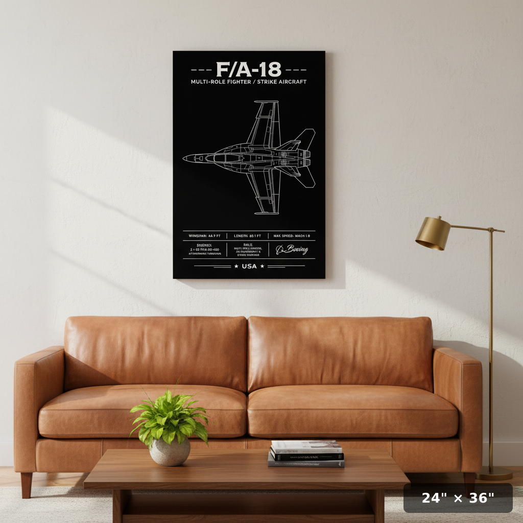 Stunning F/A-18 aviation art print with crisp blueprint linework and bold specs, an epic must-have wall poster for jet lovers