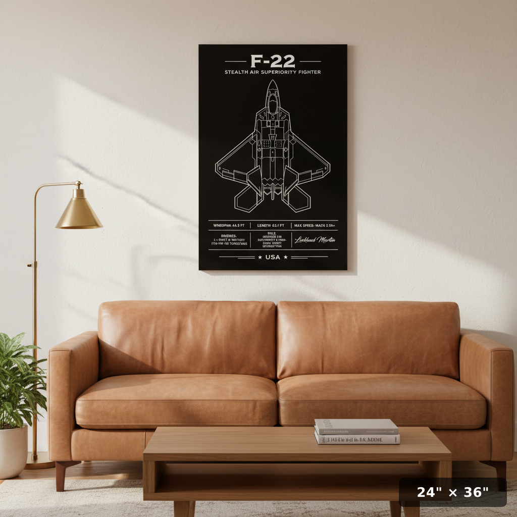 Iconic F-22 Raptor Top-Down Schematic Poster | Stealth Wall Art
