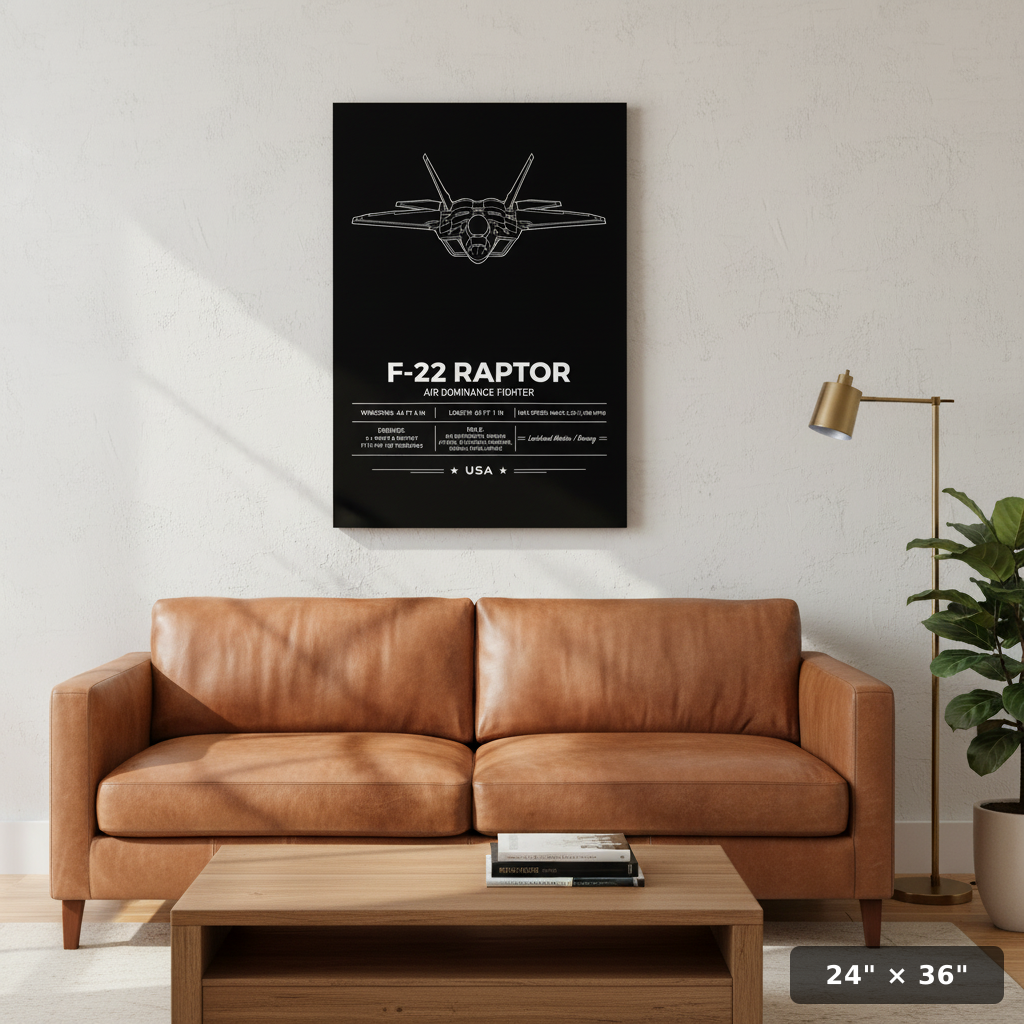 Minimalist head-on F-22 Raptor poster with bold white line art and printed specs.