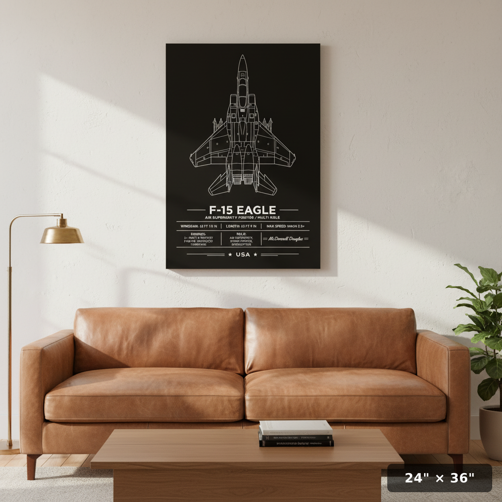 Precision-crafted F-15 Eagle top-down line-art poster with printed specs and McDonnell Douglas credit. Premium aviation wall art.
