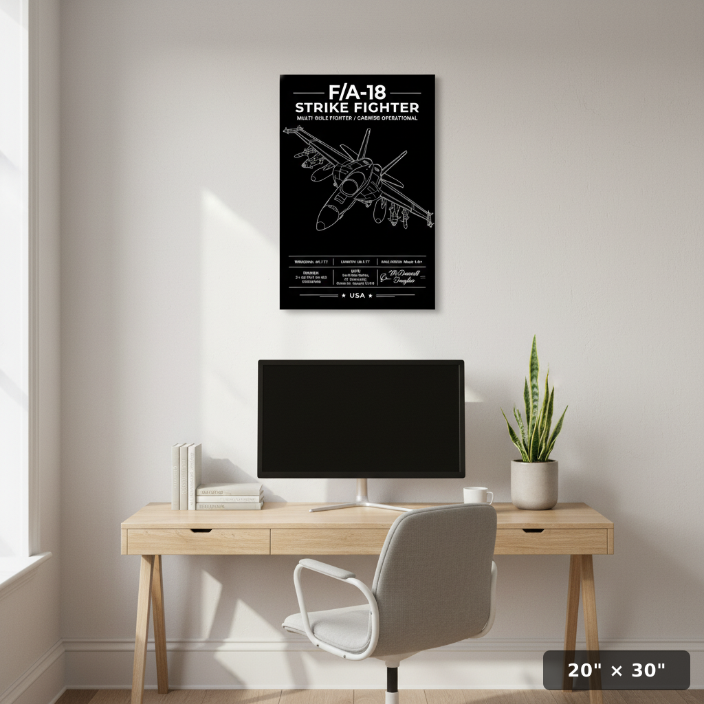 Jaw-dropping F/A-18 Strike Fighter aviation wall art with bold schematic linework and specs. A must-have poster