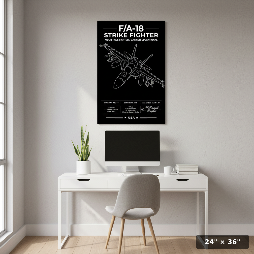 Jaw-dropping F/A-18 Strike Fighter aviation wall art with bold schematic linework and specs. A must-have poster